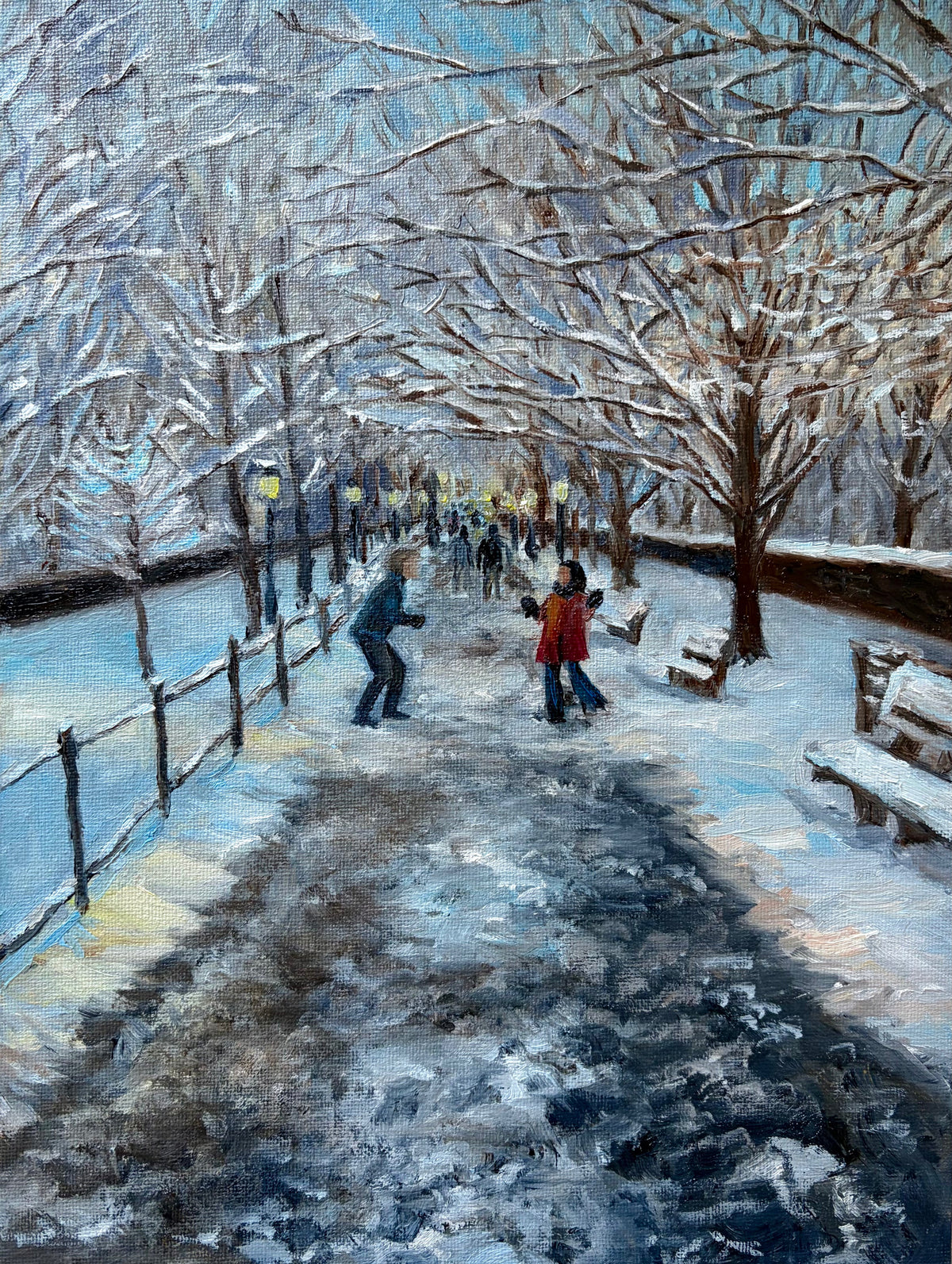Snowball Fight — a couple throwing snowballs on a snowy tree-lined path in Central Park