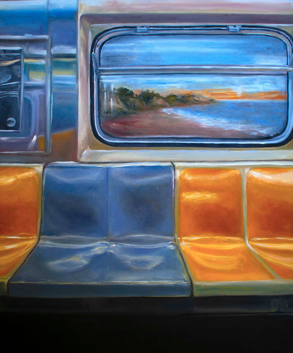 Where I want to be — a NYC subway car with fluorescent lights and bright blue and orange seats, its windows opening onto the California coast