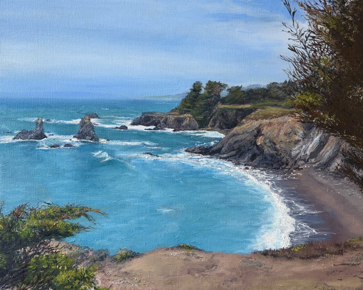 Commissioned oil painting of a turquoise cove with sea stacks and a cypress headland on the Pacifica coast