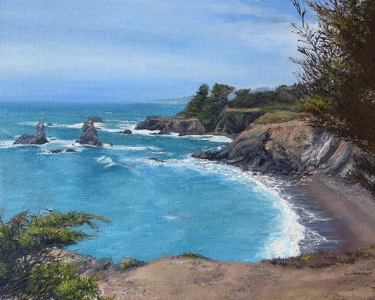 The Perfect Yes — a turquoise cove with sea stacks and a cypress headland on the Pacifica coast